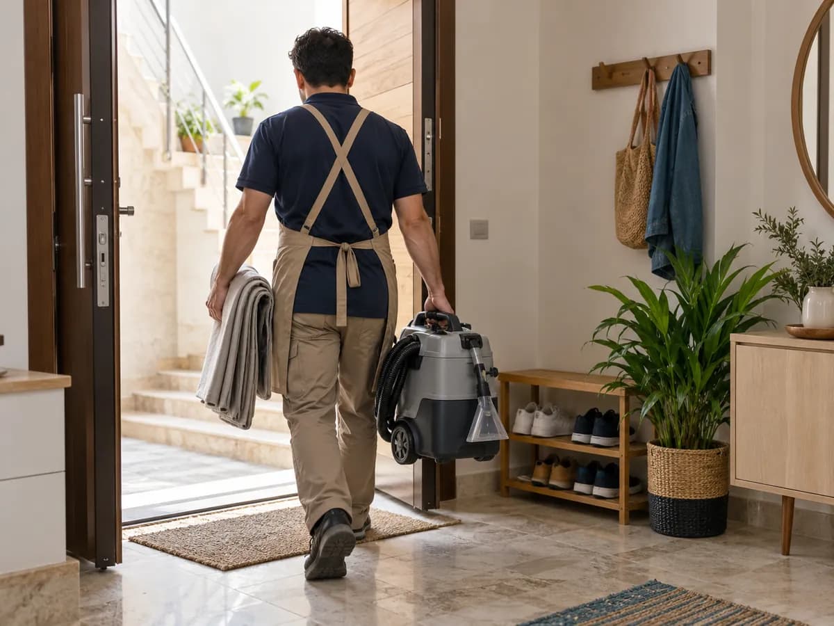Lacivert polo ve kum rengi önlüklü teknisyen taşınabilir makineyle apartman kapısından giriyor, arkadan görünüyor