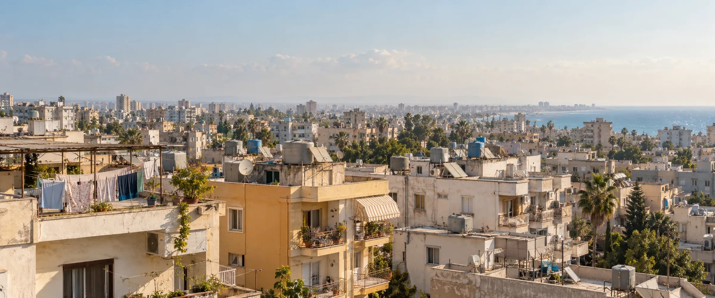 Akdeniz'de eski apartmanlar, balkonlar ve çatılar, uzakta deniz; yatay panorama