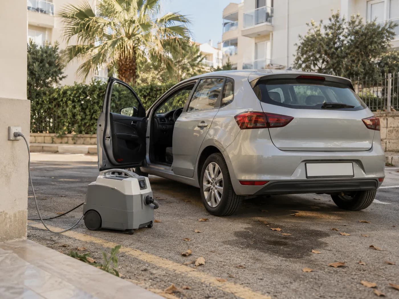 Site otoparkında araç yanına park etmiş ekip aracı, uzatma kablosu ve duvar prizi