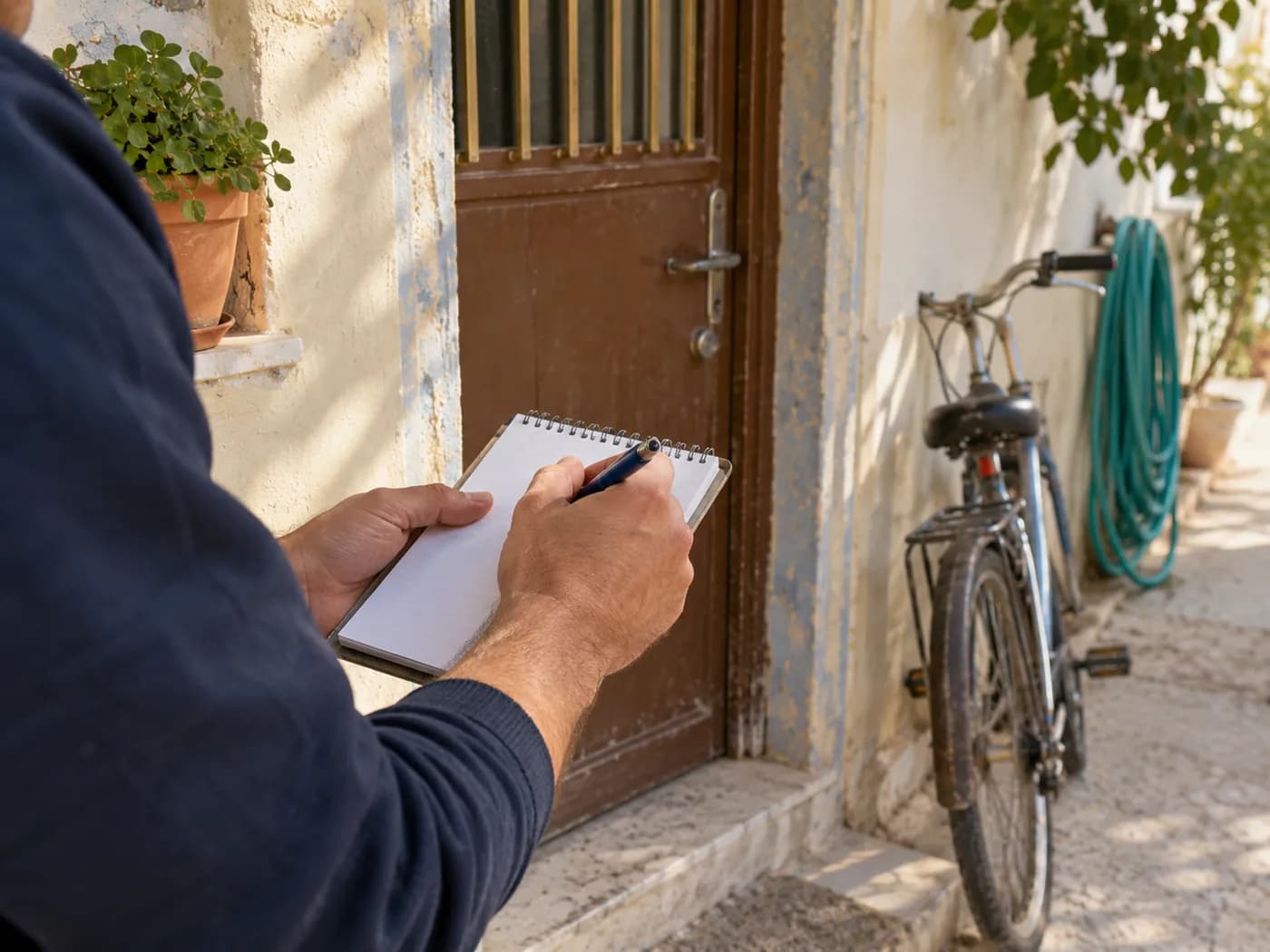 Eski bir apartman kapısında boş bir not defterine adres yazan el; yanında duvara dayalı bisiklet