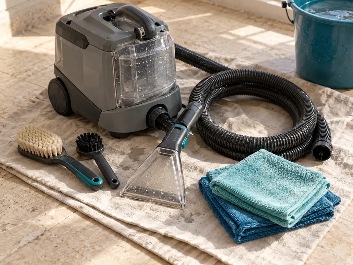 Taş zeminde sıralanmış taşınabilir makine, fırçalar, mikrofiber bezler ve el başlığı