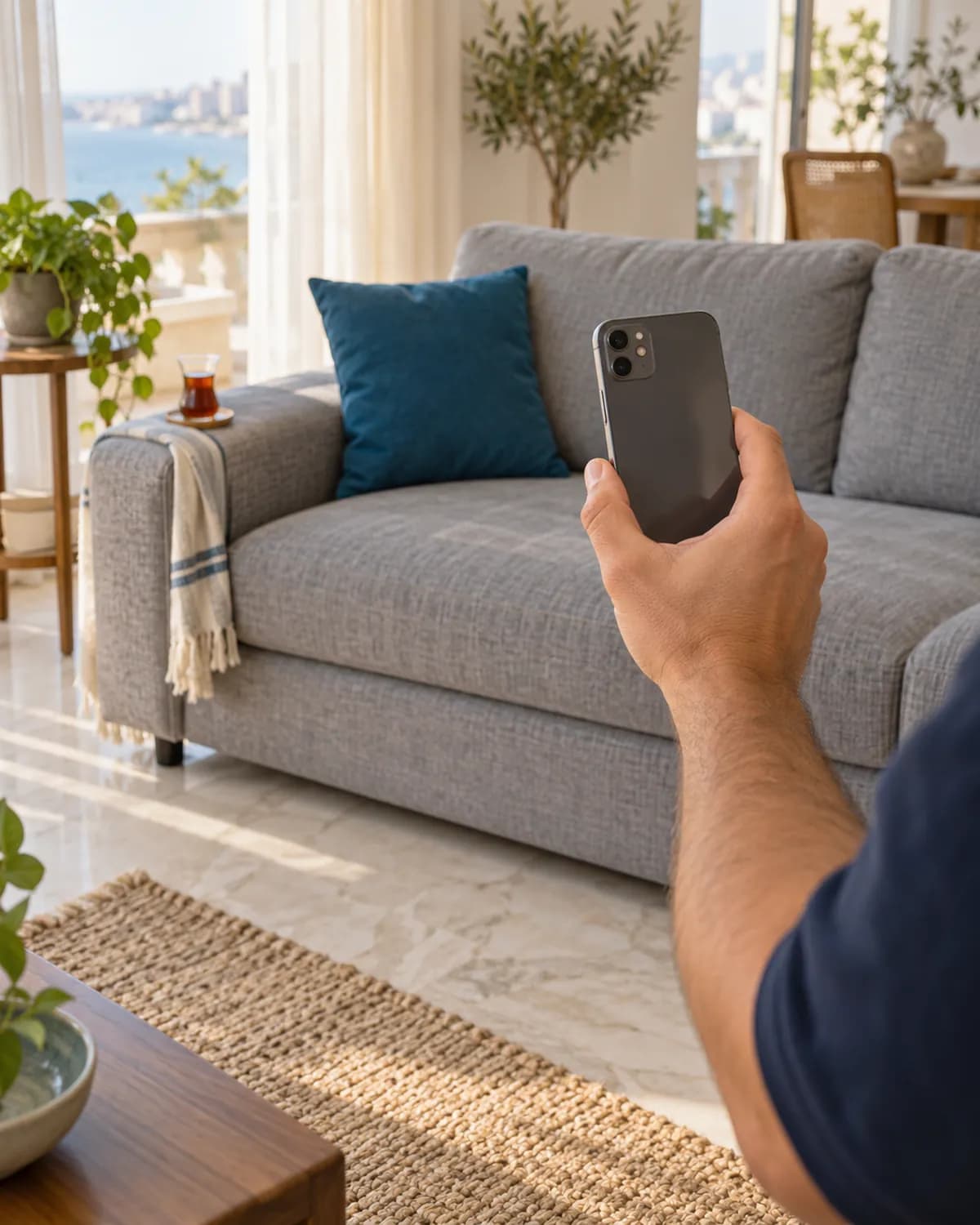 Gri bir koltuğun önünde koltuğu çeken el; telefon ekranı görünmüyor