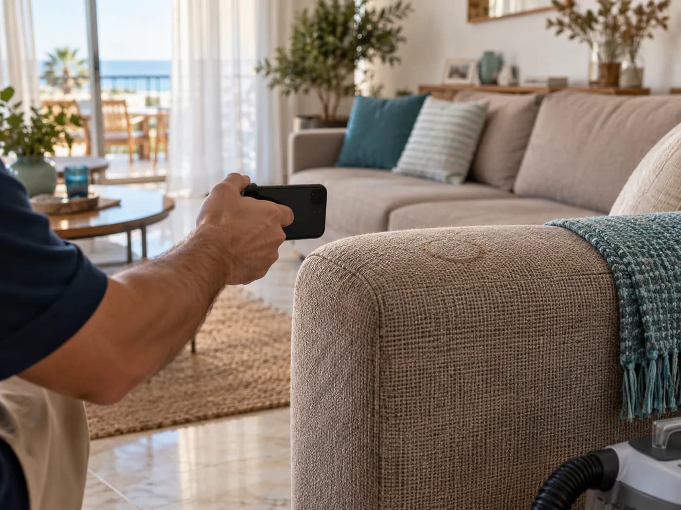 Koltuğu gün ışığında uzaktan ve yakından çeken telefon, ekranı dışarıya dönük