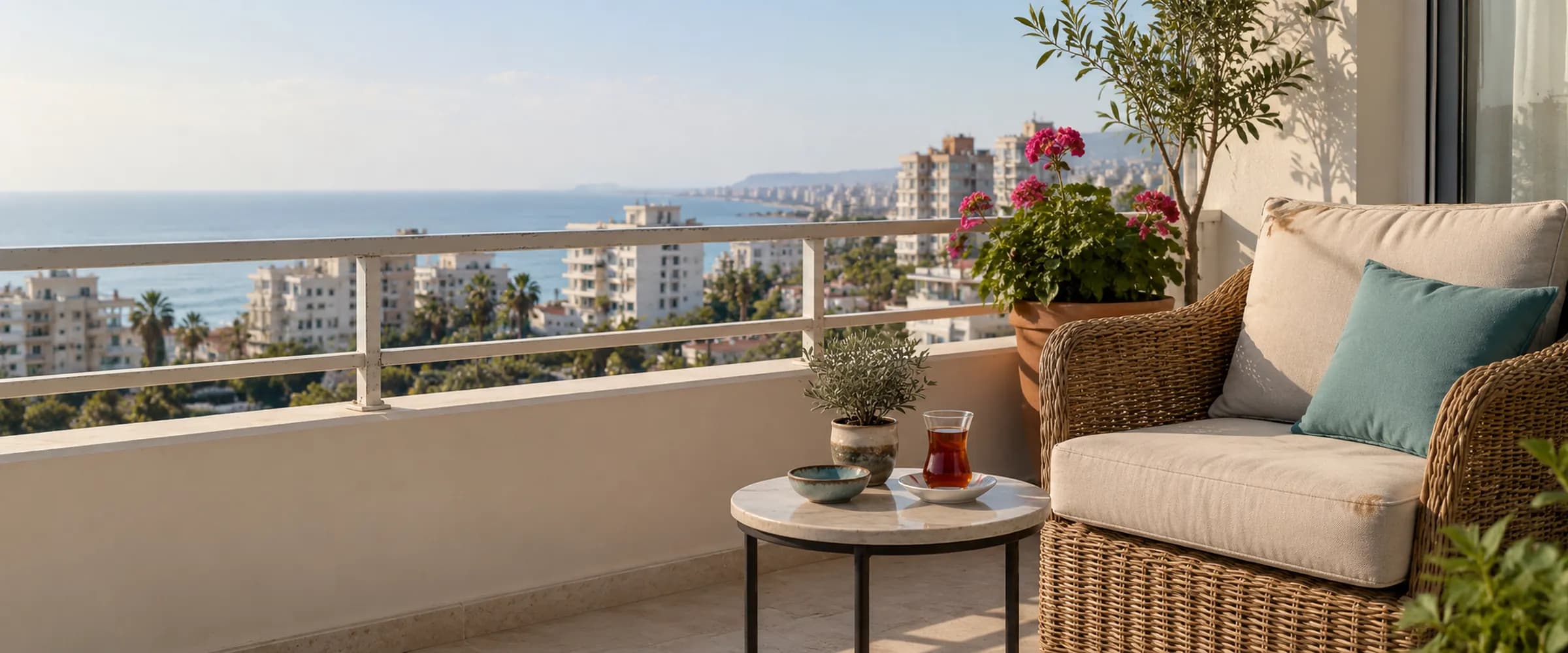 Deniz manzaralı balkonda kum rengi minder ve çay bardağı; arkada Mersin apartman blokları