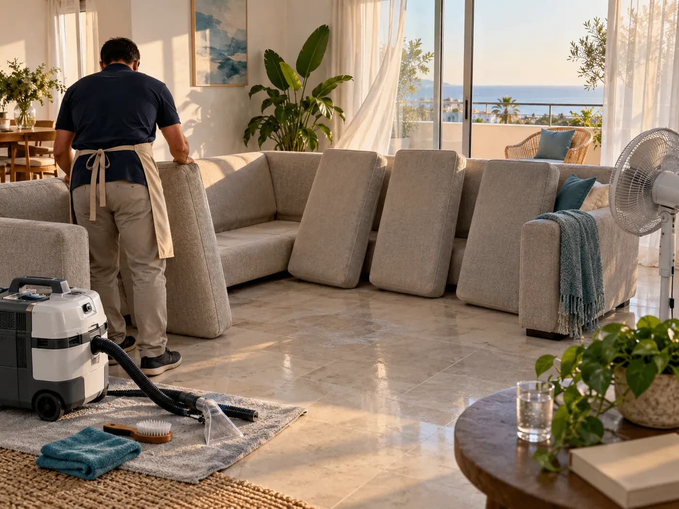 Köşe koltuk minderleri yan yatırılmış, balkon kapısı ve pencere açık, havalandırma