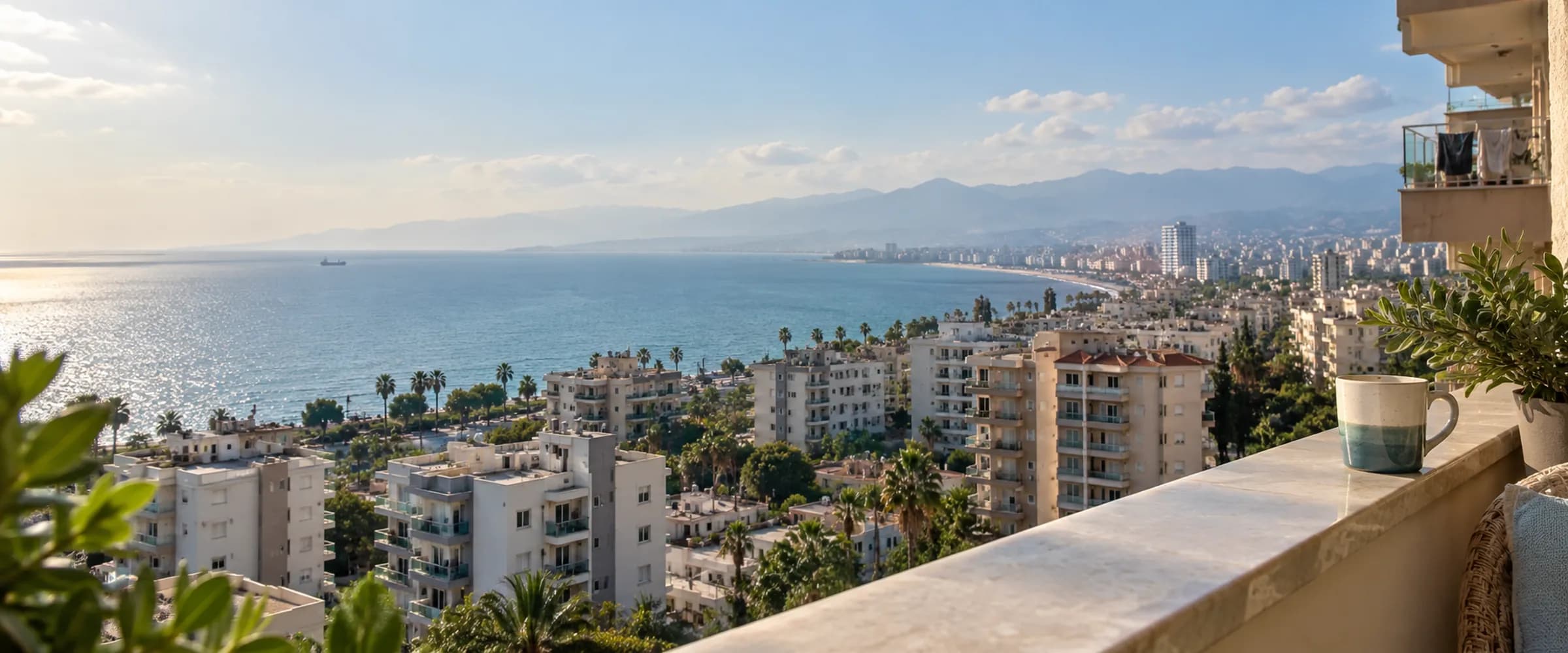 Bir Mersin balkonundan sahile uzanan apartman blokları, palmiyeler ve deniz panoraması