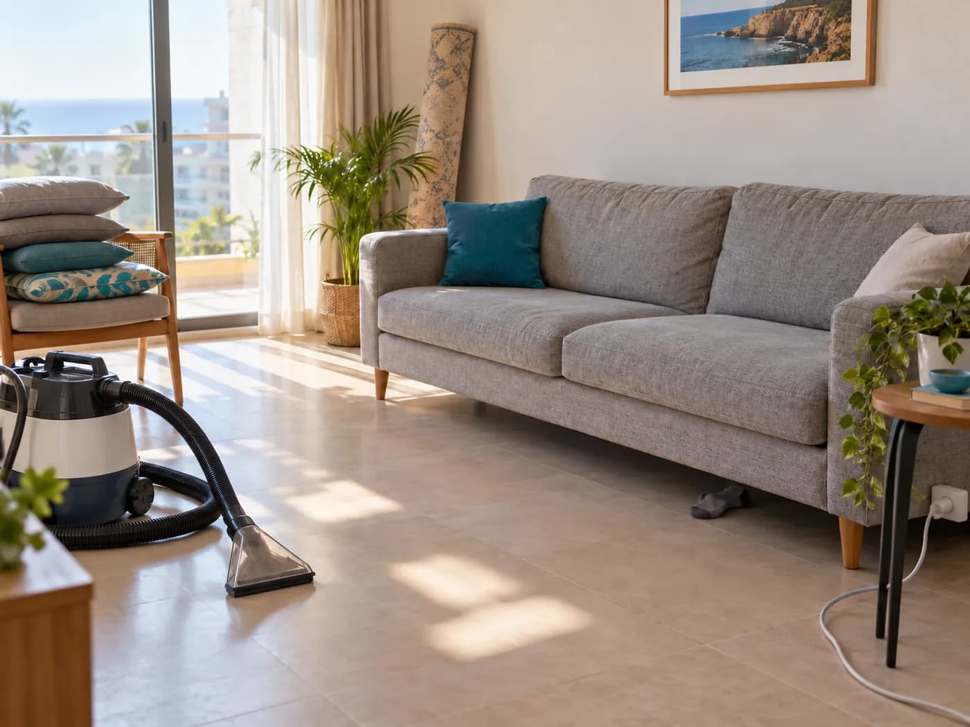 Koltuğun önü boşaltılmış, kırlentler ve örtüler kaldırılmış, sehpa kenara çekilmiş salon