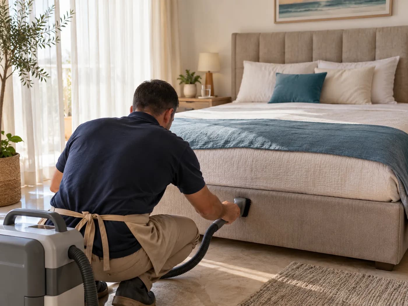 Yatak odasında kumaş başlıklı yatak, yatak yüzeyi ve baza; eli fırçalı teknisyen