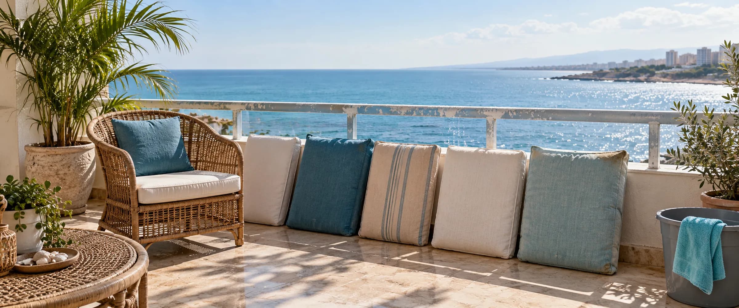 Balkon minderleri deniz kenarında Rattan takımın minderleri güneşte kuruyor; balkon korkuluğunda deniz çizgisi, geniş