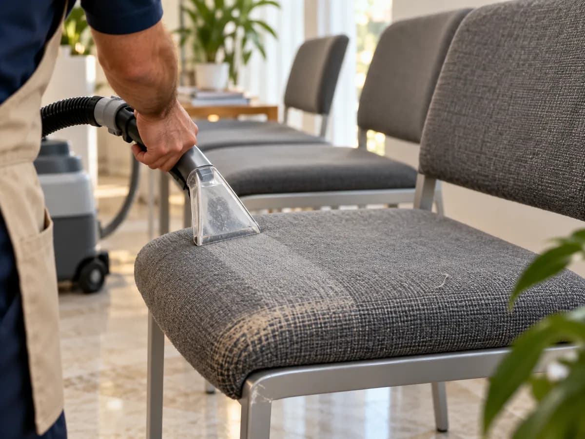 Bekleme koltuğu Gri bekleme koltuğunun oturumunda el aleti; kullanım izi görünen kumaş