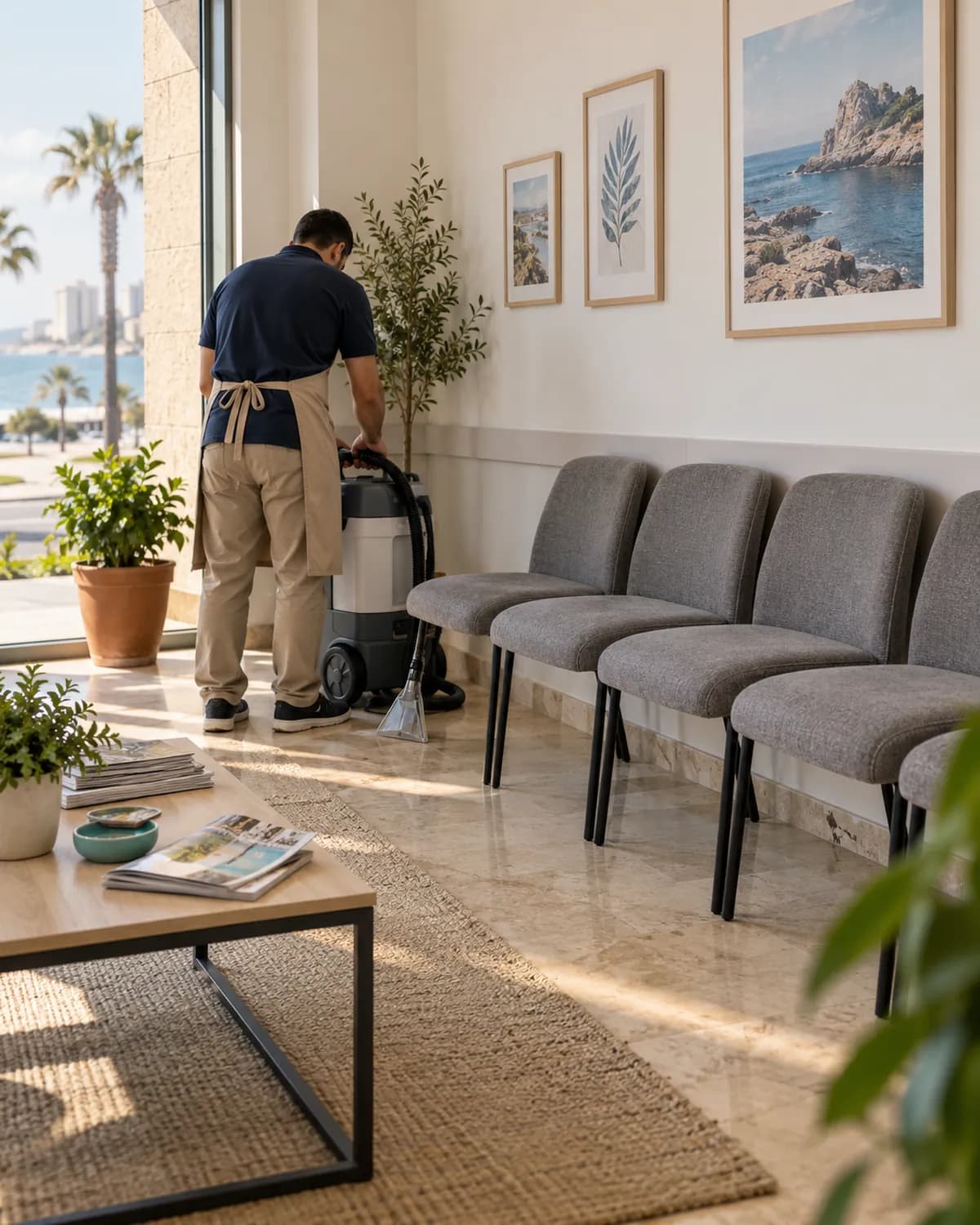 Kurumsal koltuk temizliği Klinik bekleme alanında sıralı koltuklar; mesai dışında yıkama hazırlığı