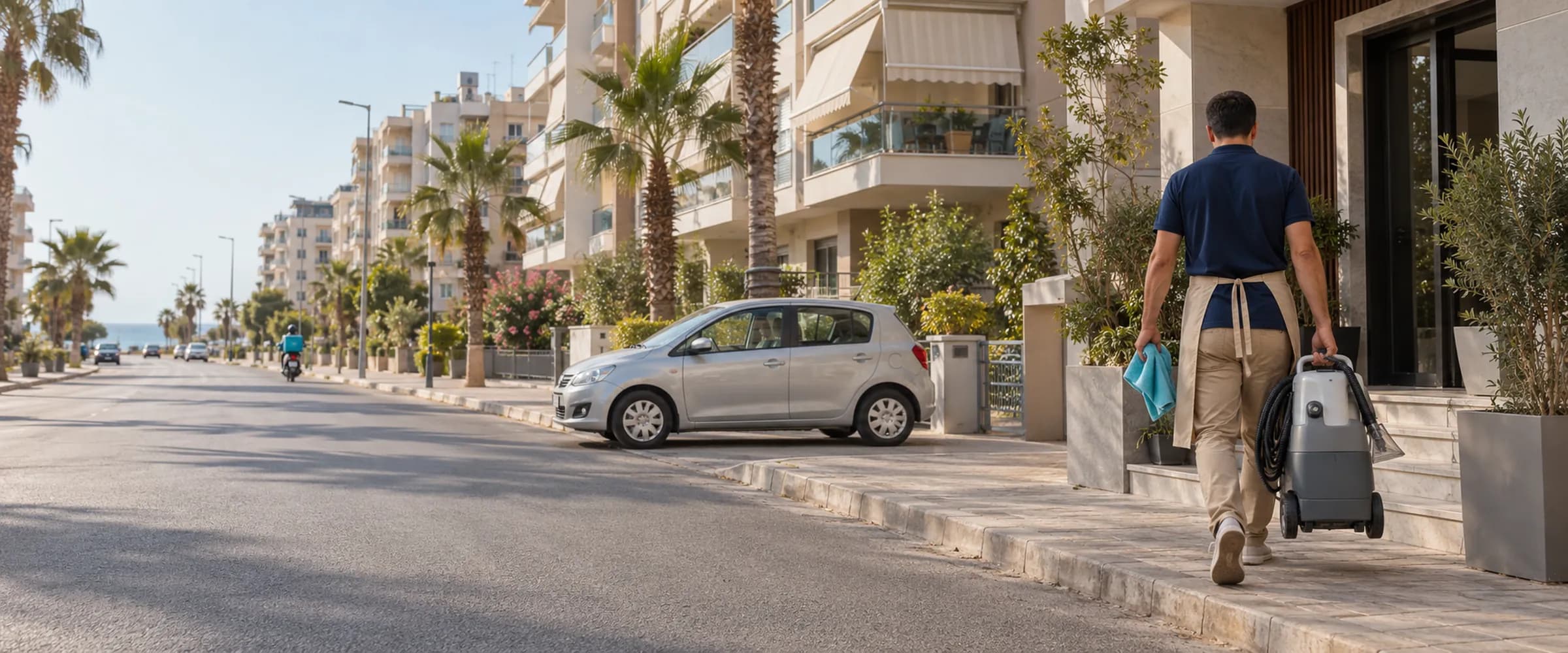 Yenişehir koltuk yıkama Yenişehir'de palmiyeli geniş bir cadde ve modern apartman blokları; ekipman taşıyan teknisyen